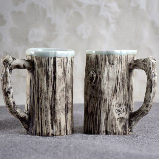 Natural Wood Bark Coffee Mug - Rustic Ceramic Cup 300ml
