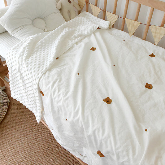 Korean Embroidered Cherry Bear Blanket - Soft Cotton Gauze Throw